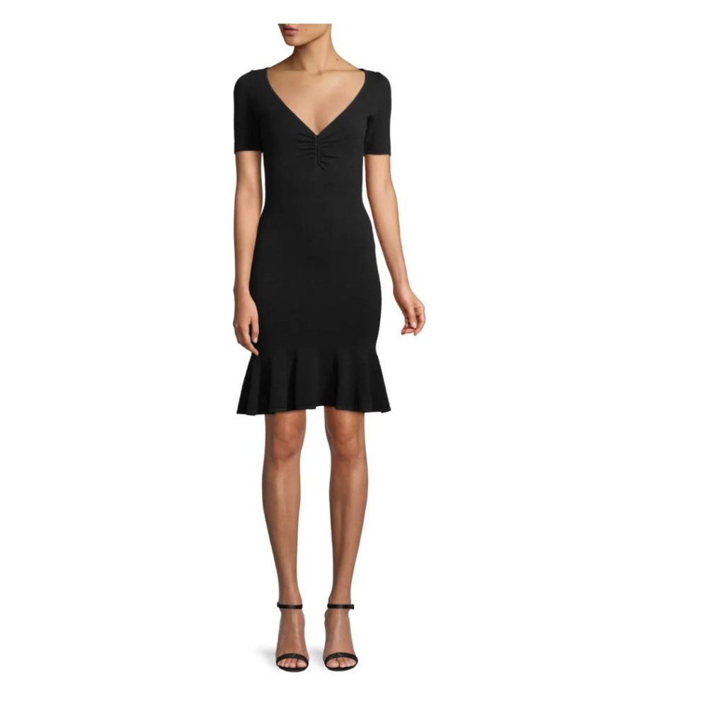 Elegant MILLY Shirred V-Neck Dress - Size S, Black